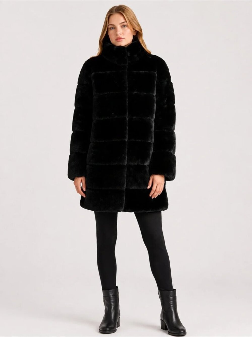 NVLT  NWT Black medium Longline Faux Fur Grooved Jacket
